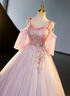 Pink Off Shoulder Tulle with Beadings Long Party Dress, A-line Pink Prom Dress