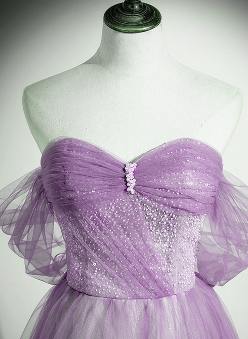 Lavender Tulle A-line Beaded Off Shoulder Party Dress, Lavender Long Formal Dress