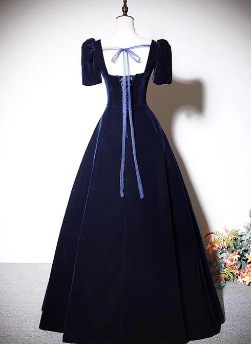 Navy Blue A-line Velvet Long Evening Dress, Short Sleeves Beaded Prom Dress