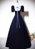Navy Blue A-line Velvet Long Evening Dress, Short Sleeves Beaded Prom Dress