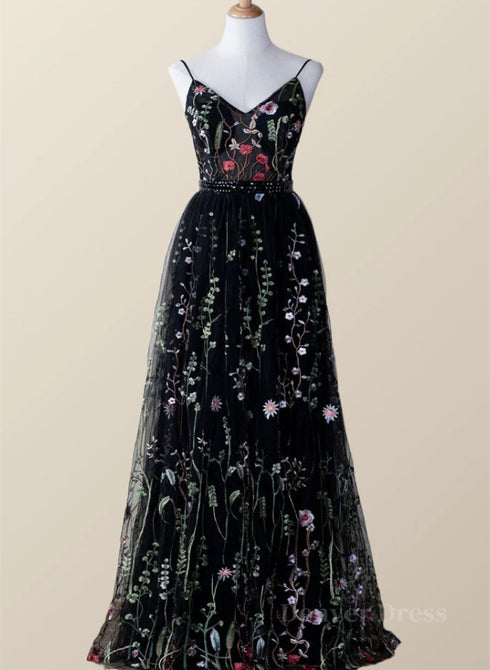 Black Floral Tulle A-line V-neckline Long Prom Dress, Black Evening Dress Party Dress