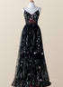 Black Floral Tulle A-line V-neckline Long Prom Dress, Black Evening Dress Party Dress