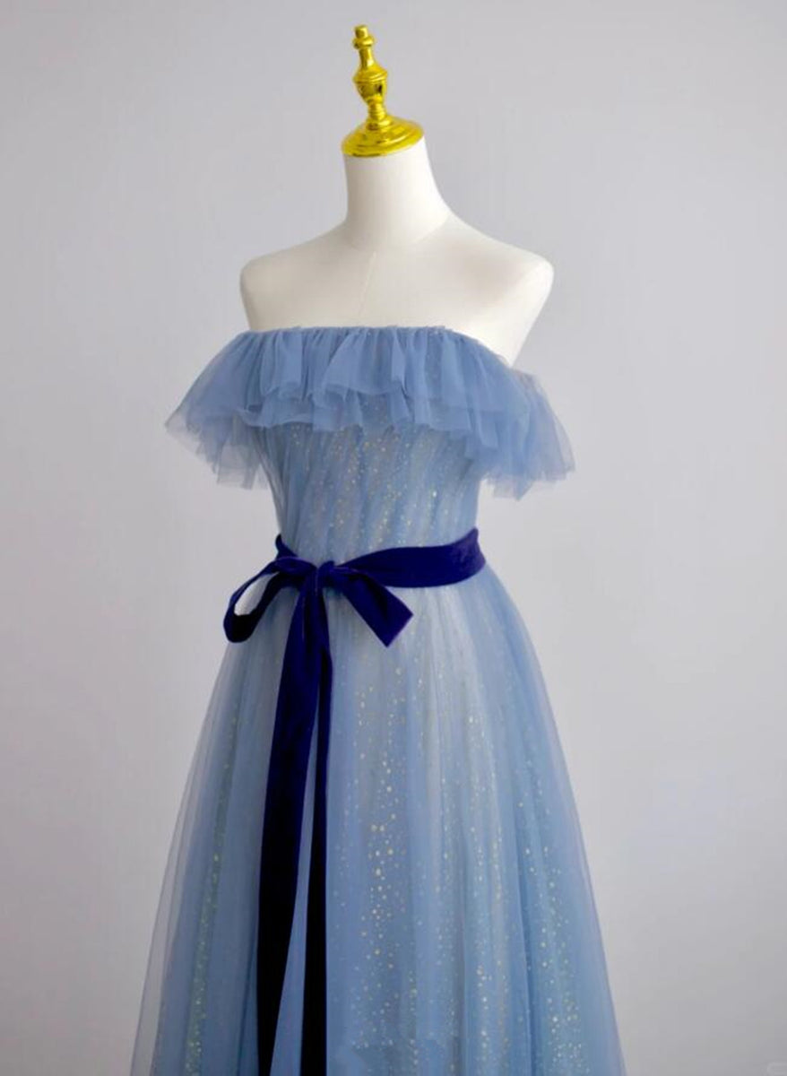 A-line Blue Simple Off Shoulder Floor Length Prom Dress, Blue Long Par ...
