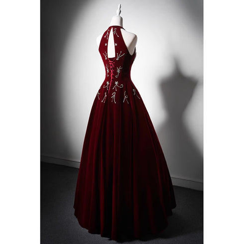 Wine Red Velvet Beaded Halter Long Formal Dress, A-line Velvet Prom Dress
