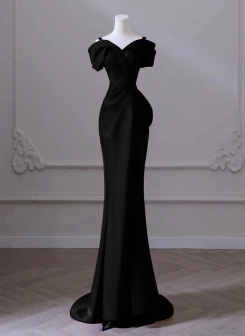 Black Satin Sweetheart Straps Long Formal Dress, Black Long Prom Dress