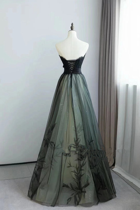 A-line Black and Green Tulle with Lace Long Prom Dress, Tulle Party Dress