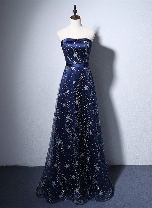 Navy Blue A-line Tulle Long Evening Dress, Navy Blue Prom Dress