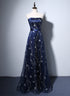 Navy Blue A-line Tulle Long Evening Dress, Navy Blue Prom Dress