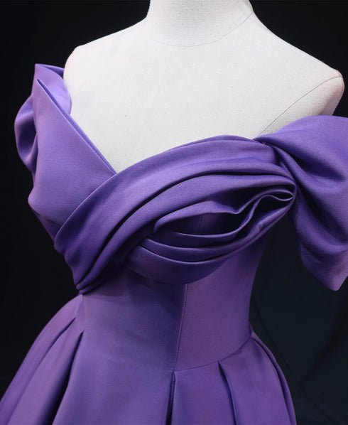Purple Satin A-line Off Shoulder Long Party Dress, Purple Evening Dress Prom Dress