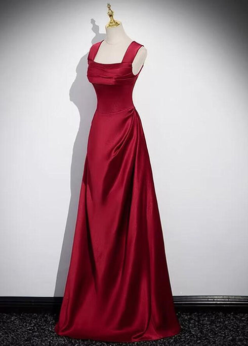 Wine Red Straps Satin Scoop Floor Length Prom Dress, Wine Red Long Evening Dress
