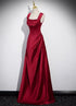 Wine Red Straps Satin Scoop Floor Length Prom Dress, Wine Red Long Evening Dress