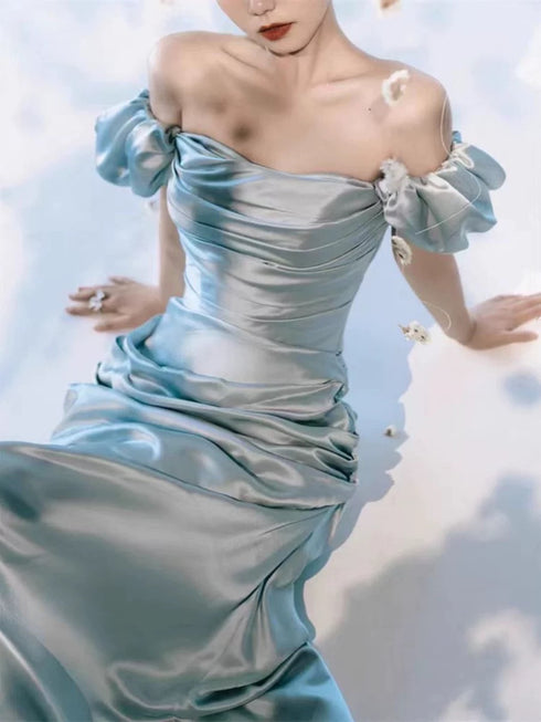 Elegant Off-Shoulder Blue Prom Dress, Off Shoulder Mermaid Long Satin Party Dress