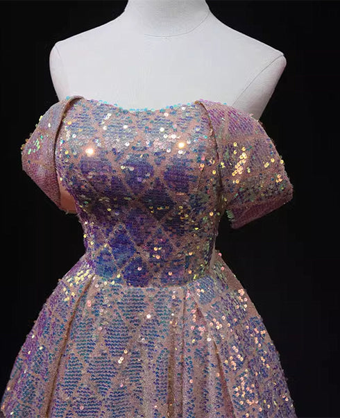 Pink Sequins Off Shoulder A-line Long Prom Dress, Sequins Evening Dress