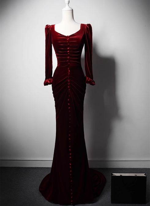 Wine Red Velvet Long Sleeves Mermaid Long Prom Dress, Wine Red Evening Dress