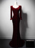 Wine Red Velvet Long Sleeves Mermaid Long Prom Dress, Wine Red Evening Dress