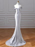 Sliver Off Shoulder Scoop Long Party Dress with Leg Slit, Sliver Prom Dress