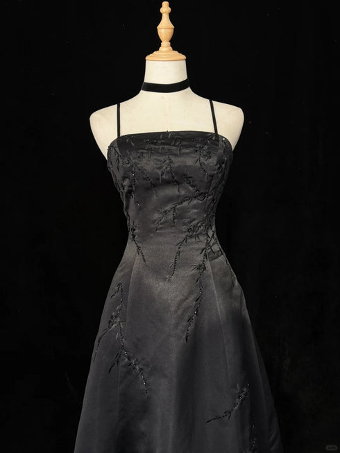Black A-line Satin with Lace Applique Prom Dress, Black Straps Long Party Dress