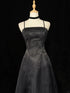 Black A-line Satin with Lace Applique Prom Dress, Black Straps Long Party Dress