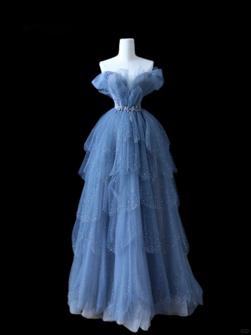 Glam Blue Layers Beaded Off Shoulder Prom Dress, Blue Tulle Long Evening Dress