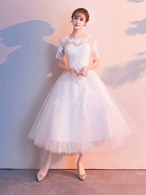 White Tulle Short Sleeves Tea Length Wedding Party Dress, White Tulle Party Dress