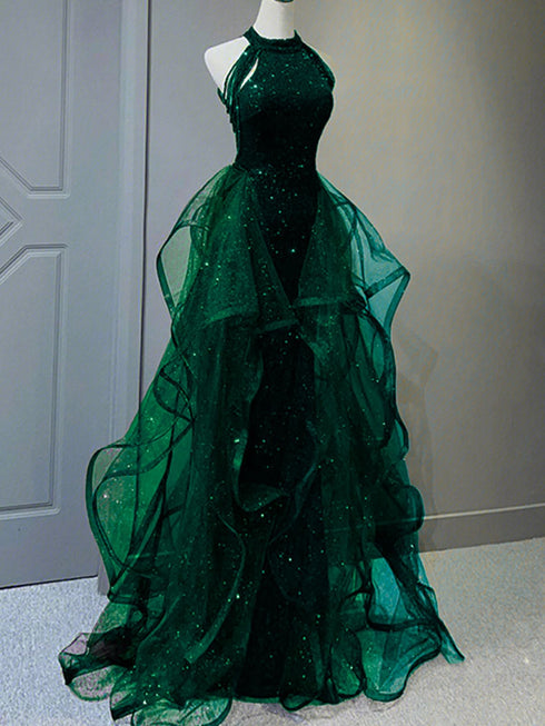 Green Sequins With Tulle Long Party Dress, Green Beaded Halter Evening Dress