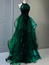 Green Sequins With Tulle Long Party Dress, Green Beaded Halter Evening Dress
