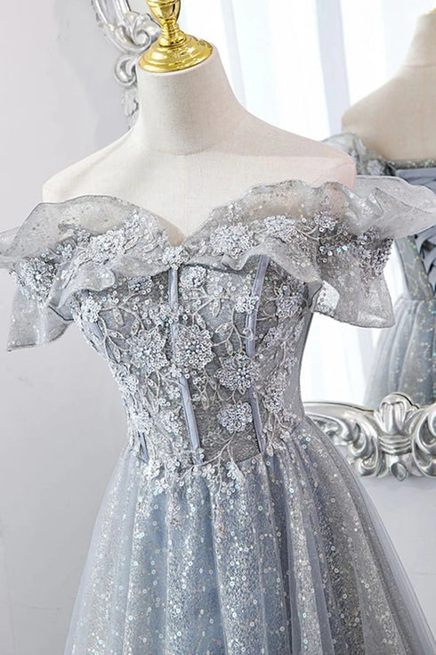 Shiny Silver Grey Tulle Evening Dress, Off Shoulder Glitter A-Line Long Prom Dress