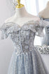 Shiny Silver Grey Tulle Evening Dress, Off Shoulder Glitter A-Line Long Prom Dress
