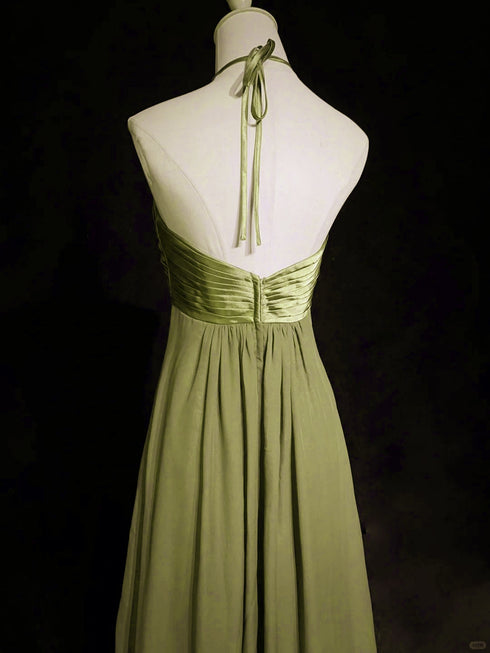 A-line Halter Chiffon and Satin Long Party Dress, Green Low Back Prom Dress
