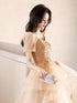 A-Line Champagne Short Sleeves Tulle With Lace Party Dress, Champagne Long Prom Dress
