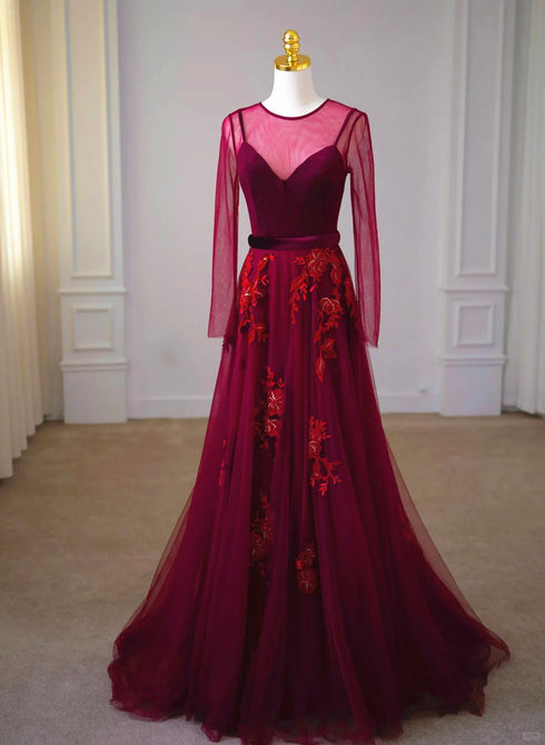 A-line Wine Red Velvet and Tulle Long Party Dress, Wine Red Evening Dress Prom Dress