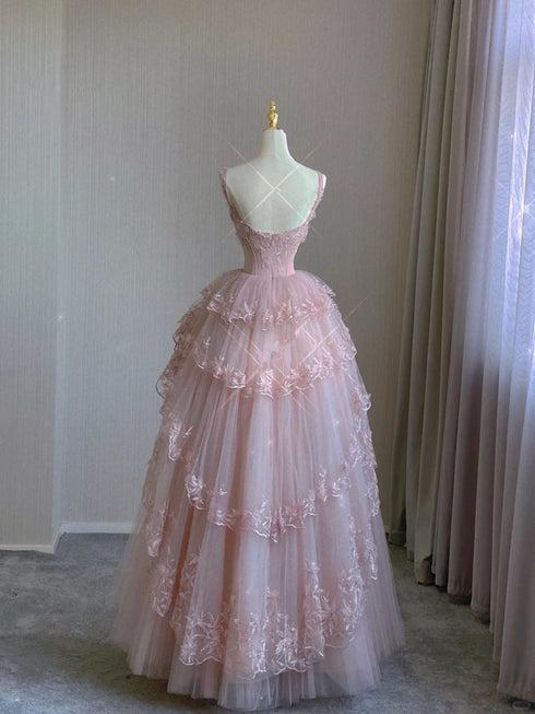 Pink Straps A-line Tulle and Lace Long Formal Dress, Pink Tulle Floor Length Prom Dress