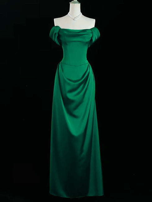 Green Off Shoulder A-line Floor Length Formal Dress, Green Satin Prom Dress Evening Dress