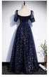Navy Blue Simple Tulle Short Sleeves Prom Dress, Navy Blue Long Evening Dress
