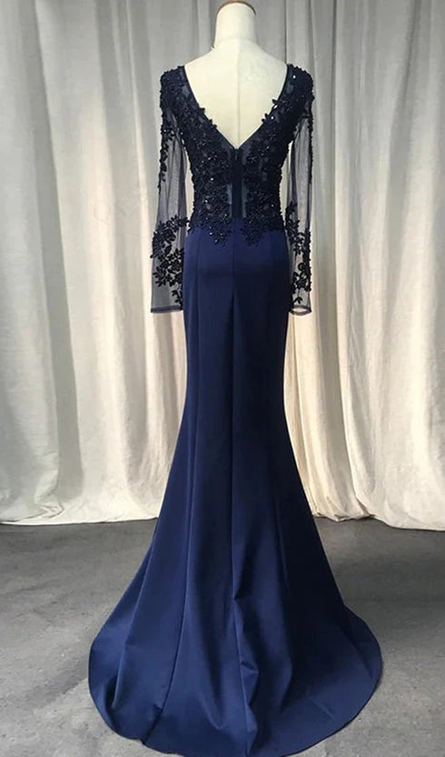 Navy Blue Spandex Long Sleeves Mermaid Evening Dress, Navy Blue Prom Dress