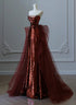 Wine Red Sequins and Tulle Long Formal Dress, Wine Red Prom Dress