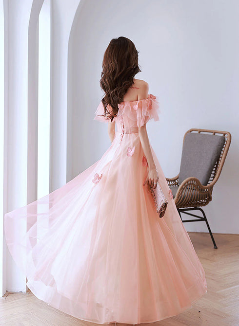 Pink A-line Tulle Off Shoulder Beaded Prom Dress, Pink Tulle Evening Dress