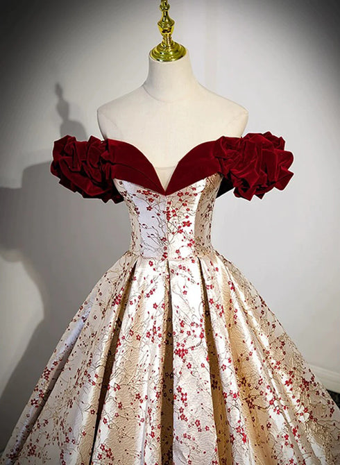 Beautiful Floral Satin Sweetheart Off Shoulder Prom Dress, Long Satin Party Dress