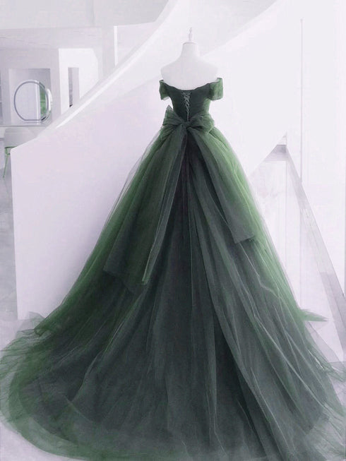 Green Off Shoulder Tulle Sweetheart Long Party Dress, Green Tulle Evening Dress Prom Dress