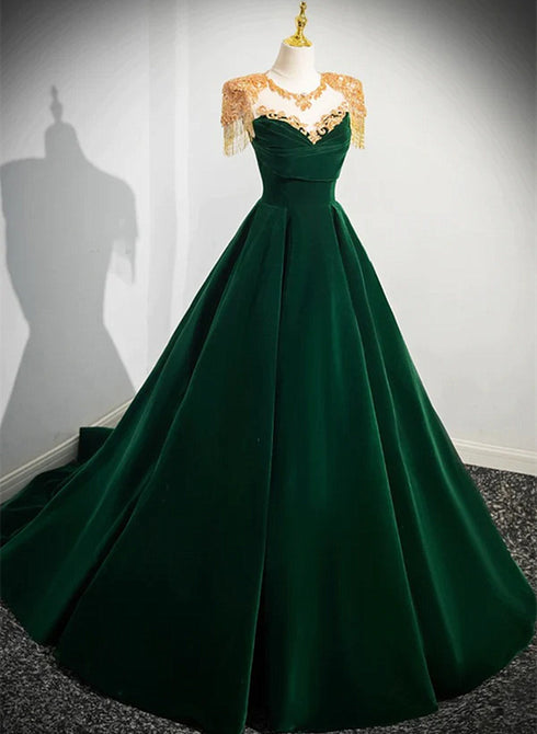 Dark Green Velvet A-line Long Prom Dress, Dark Green Evening Party Dress