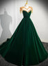 Dark Green Velvet A-line Long Prom Dress, Dark Green Evening Party Dress