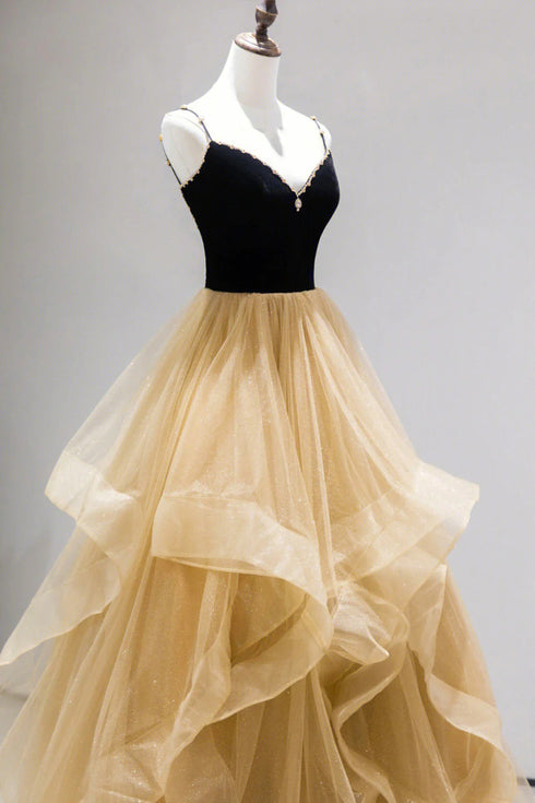 Champagne Tulle A-line Sweetheart Beaded Straps Prom Dress, Champagne Party Dress