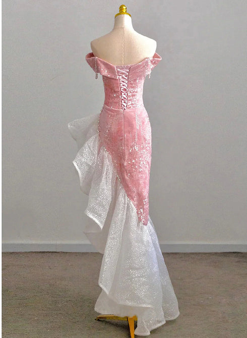 Chic Pink High Low Mermaid Off Shoulder Prom Dress, Pink Homecoming Dress