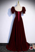Wine Red A-line Short Sleeves Long Simple Party Dress, Wine Red Velvet Prom Dress