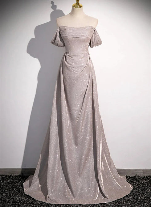 Off the Shoulder Ruffle Long Party Dress, Long Sweep Train Evening Dress