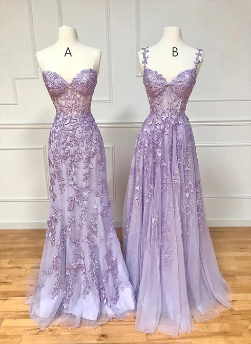 Lavender Sweetheart Beaded and Lace Long Prom Dress, Lavender Tulle Evening Dress