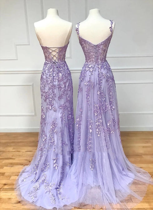 Lavender Sweetheart Beaded and Lace Long Prom Dress, Lavender Tulle Evening Dress