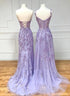 Lavender Sweetheart Beaded and Lace Long Prom Dress, Lavender Tulle Evening Dress