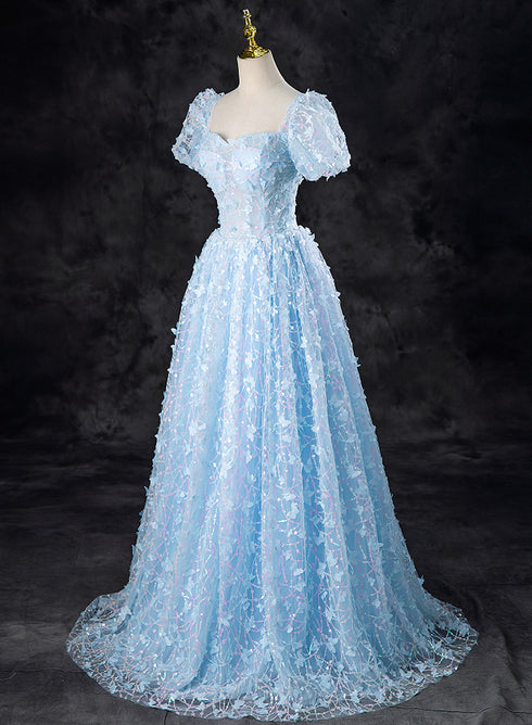 Light Blue A-line Lace Short Sleeves Prom Dress, Light Blue Evening Dress