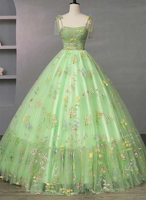 Light Green Tulle Straps Ball Gown Party Dress, Light Green Formal Dress